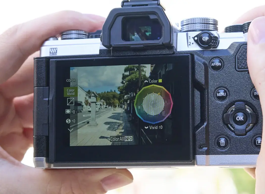 Photo showing the back screen of the OM SYSTEM OM-3 showing the Colour and Monochrome profiles.