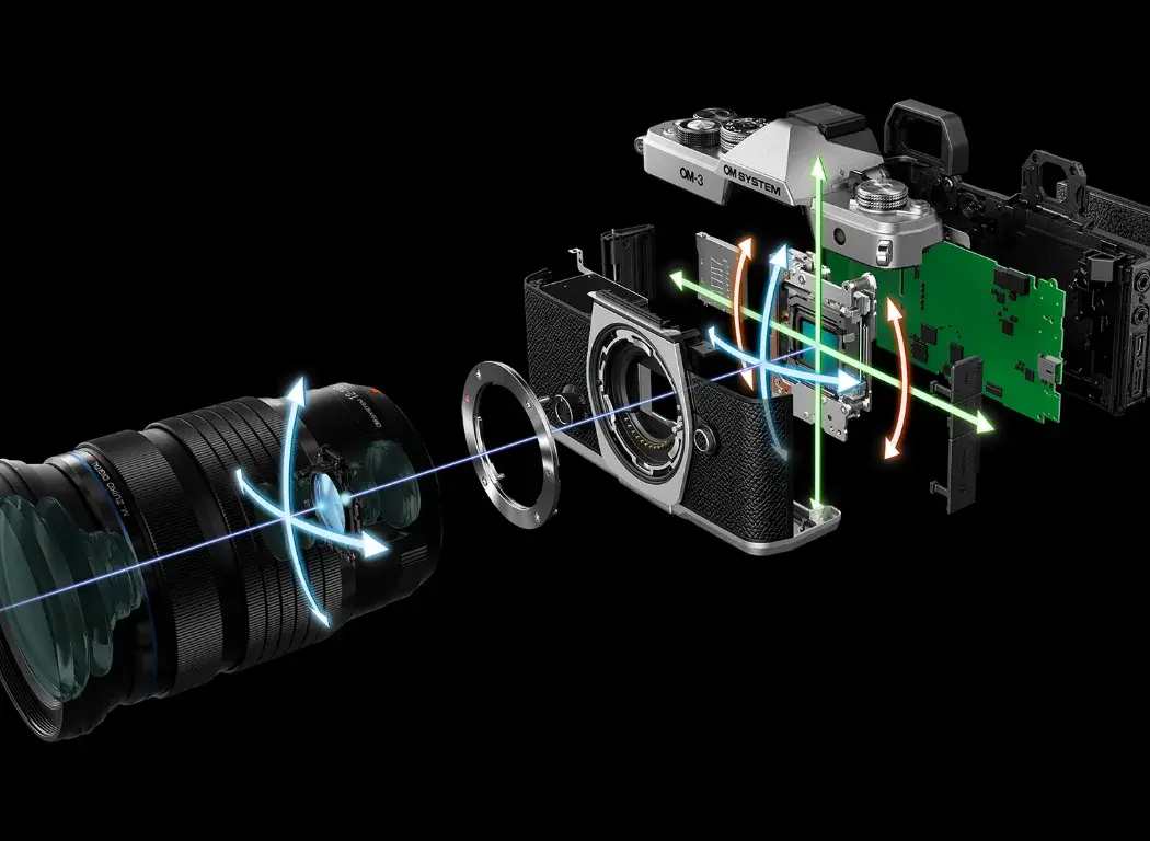 Diagram showing the OM SYSTEM OM-3 and a lens and how they work together to allow  for IBIS up to 7.5 stops EV.