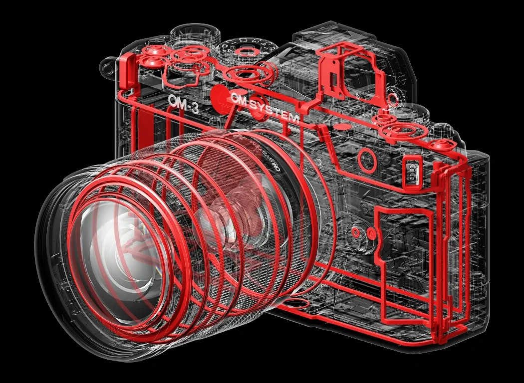 Diagram showing the OM SYSTEM OM-3 and where all the seals are that make the camera IP53 rated.